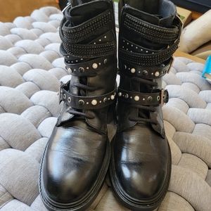 Zara Black Silver Pearls Leather Combat Boots